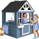 Kids Outdoor Playhouse, Cedar Wooden Kids Playhouse with Play Kitchen, Pet Door, Sink, Stove, Cookware, Windows, Flowerpot Holders, Ringing doorbell, Cottage Play House for Backyard Blue