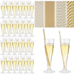 Remerry 100 Pcs Plastic Champagne Flutes 4.5 oz Clear Disposable Champagne Toasting Glass 100 Paper Straws, Mimosa Cocktail Cup for Galentines, New Year, Wedding, Birthday Party Supplies(Gold)