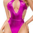 Sexy Metallic Bodysuit Tops, Snap Crotch, Pool Party Rave Outfits (2-4, Hot Pink)