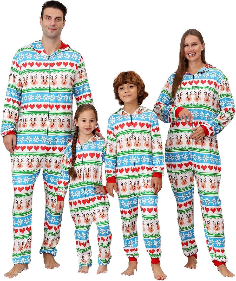 ANGELGGH Onesie Christmas Family Matching Pajamas Adult Couples Men PJs Hooded Women Novelty One-piece Sleepwear (Women, XL, Heart Reindeer)