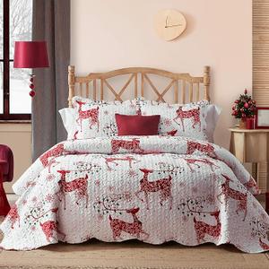 Hansleep Christmas Quilt King Size with Red Reindeer Print, 3 Piece Reversible Quilt Sets Lightweight Bedspread Bed Decor Coverlet Set for All Season