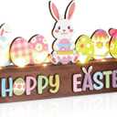 Gerrii Happy Easter Table Decoration Lighted Bunny Sign with Lights Wooden Bunny Easter Table Centerpiece for Home Indoor Lighting Room Office Party Tiered Tray Decorations He is Risen Supplies Rabbit