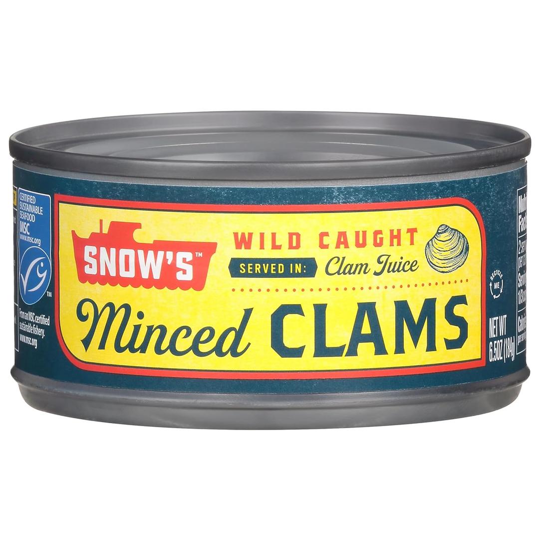 Snow's Wild Caught Minced Clams Canned, 6.5 oz Can (Pack of 1) - 5g Protein Per Serving - Keto Friendly, 99% Fat Free, BBD 10/2028