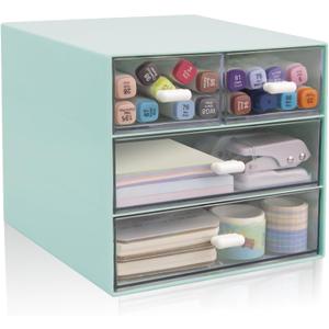 Desk Organizer with Drawer, Office Organizer with 4 Drawers, Desk Storage Box for, Desktop, Dressing table, Office, School, Home, Plastic Box and 4 Acrylic Drawers(Blue)