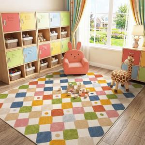 Jinchan Macy 7x9 Kids Area Rug for Classroom Modern Colorful Nursery Rug Checkered Diamond Playroom Washable Soft Non Slip Carpet for Playroom Living Room Bedroom Daycare Circus on Cream