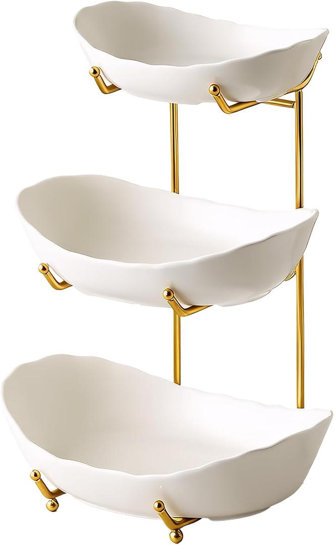 Fruit Bowls for Kitchen Counter, 3 Tier Ceramic Serving Bowls with Gold Metal Stand, Tiered Fruit Basket for Fruit Vegetable Storage, Fruit Holder for Cake, Dessert, Nuts, Snack