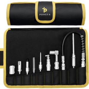 Poneya 9 PCS Grease Gun Couplers, Quick Connect Greasing Accessory Kit with Grease Gun Tips 12" Flex Hose & Roll Up Case, Perfect for Quick Release Grease Couplers to Reach Any Grease Fitting