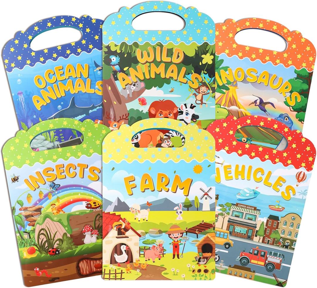 6Pcs Reusable Sticker Books, Sticker Books for Toddlers 2-4 Years, Vehicles Insects Animals Dinosaurs Stickers Scenes for Crafts Parties Travel Boys Girls Gifts