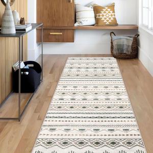Runner Rug 2x5 Boho Geometric Area Rugs: Small Washable Kitchen Entryway Rug, Soft Non Slip Moroccan Long Hallway Rugs for Bedroom Bathroom Laundry Entryway Staircase Foyer(Brown Green,2'x5')