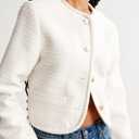 Women's Tweed Jackets Long Sleeve Crew Neck Button Down Cropped Jacket Coat with Pockets (Black, L)