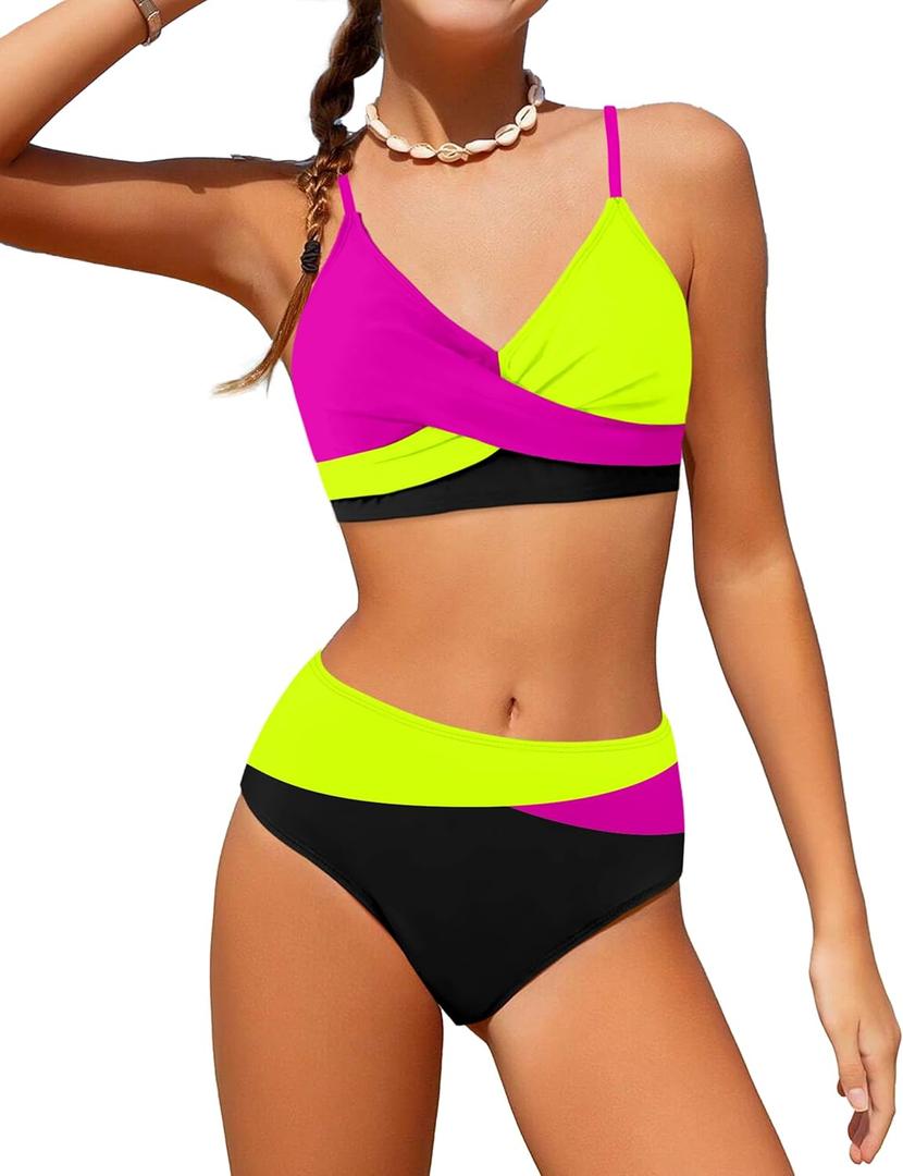WIQI Girls Swimsuit Bikini Set 2 Piece Bathing Suits Color Block Criss Cross Swimwear Size 9-16 (9-10 Years, Pink Black)