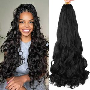 3 x French Curl Braiding Hair Pre Stretched 24Inch 8 Packs Bouncy Wavy Braiding Hair for Boho Box Braids for Black Women (1B, 24Inch(Pack of 8))