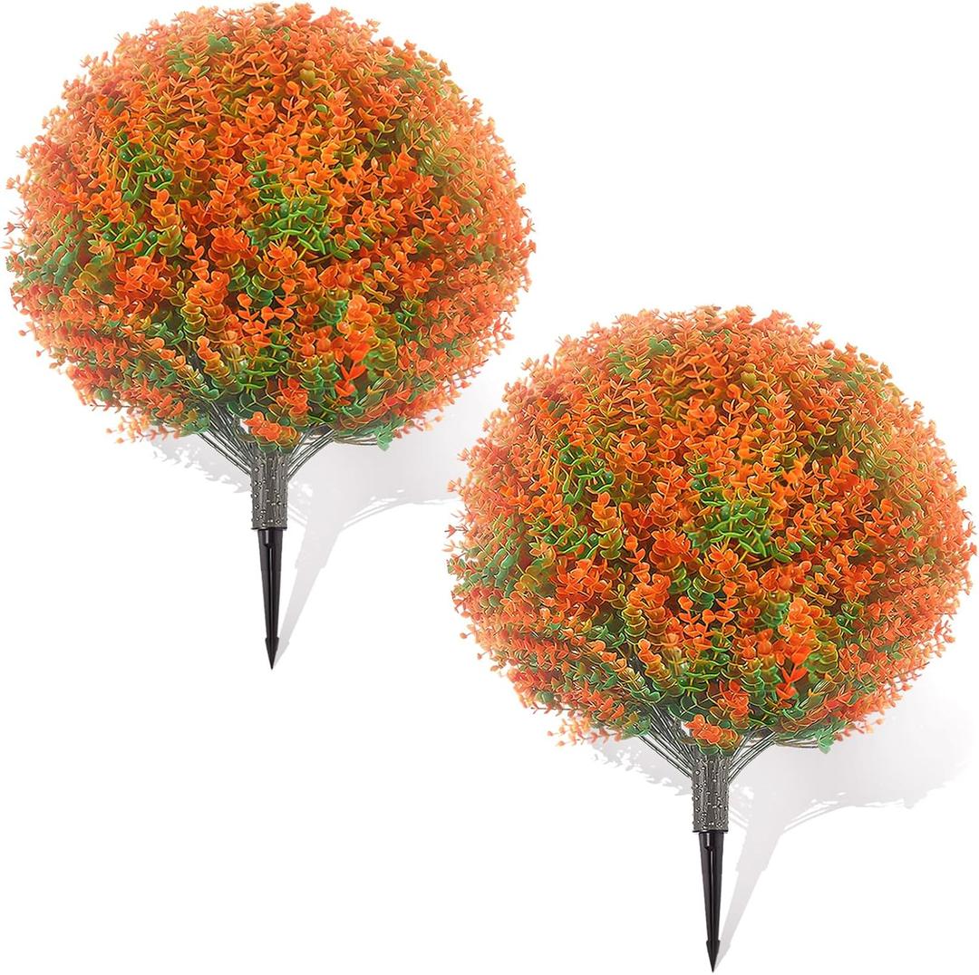 25.6" Fall Artificial Topiary Ball Trees: 2 Pack Fake Shrubs with Spike  UV Resistant & Fade Resistant, Faux Plant for Indoor Outside Front Porch Garden Autumn Thanksgiving Christmas Decor