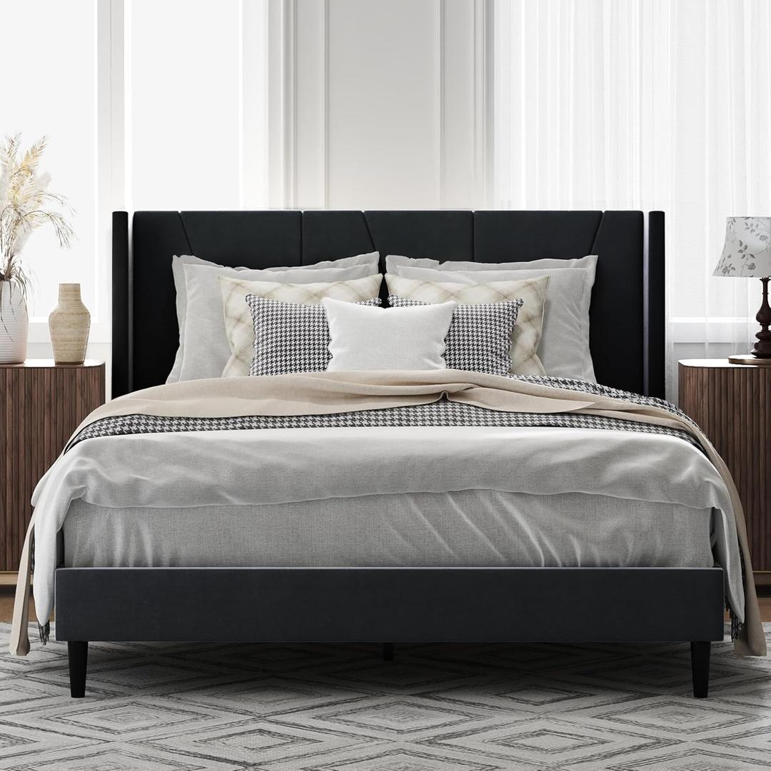 OLALITA Full Size Upholstered Platform Bed, Full Frame with Fabric Headboard, Sturdy Frame Wooden Slats, No Spring Mattress Required, Noiseless, Easy to Assemble, Light Gray