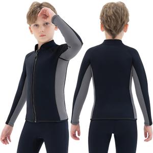 Kids Wetsuit Top Jacket for Boys Girls Toddler Youth, Children's Wet Suit Shirt Neoprene 3mm Long Sleeve Front Zipper Swimsuit for Swimming Surfing Dive Snorkeling Water Sports (6), Kids-3mm Gray, Size 6