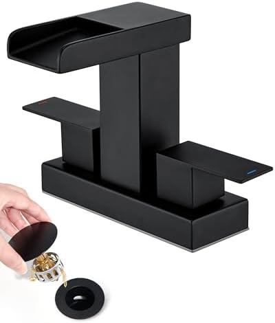 PerPaiMe Waterfall Bathroom Sink Faucet - 4 Inch Centerset Bathroom Faucet Two Handles, Matte Black Bathroom Sink Faucets for 2 or 3 Hole, Stainless Steel Vanity Faucet with Pop-Up Drain & Supply Line