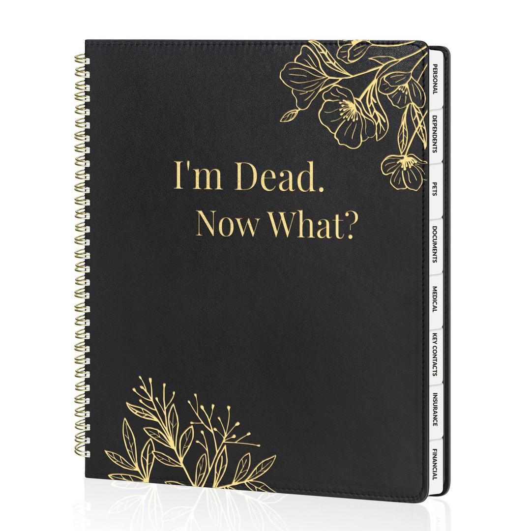 SUNEE End of Life Planner - Im Dead Now What Planner, Large Print Spiral-Bound Estate Organizer with Tabs for Seniors & Family Covers Final Wishes, Passwords & Funeral Planning.A49"x11.2"), Black