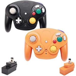 VTone Wireless Game Cube Controller, 2 Pieces 2.4G Wireless Classic Gamepad with Receiver Adapter for Wii Game Cube NGC GC (Black and Orange)