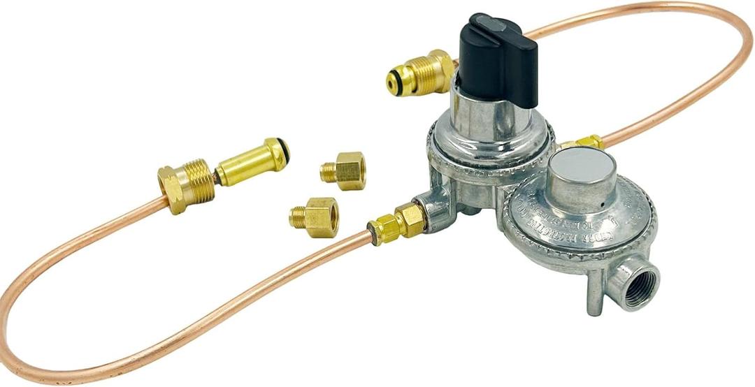 MENSI RV Trailer Tank Propane Regulator 2-Stage Auto Changeover RV Accessories Dual Tank Connection Kit, with 15" Copper Pigtial Hose and 3/8" NPT Exit Connector