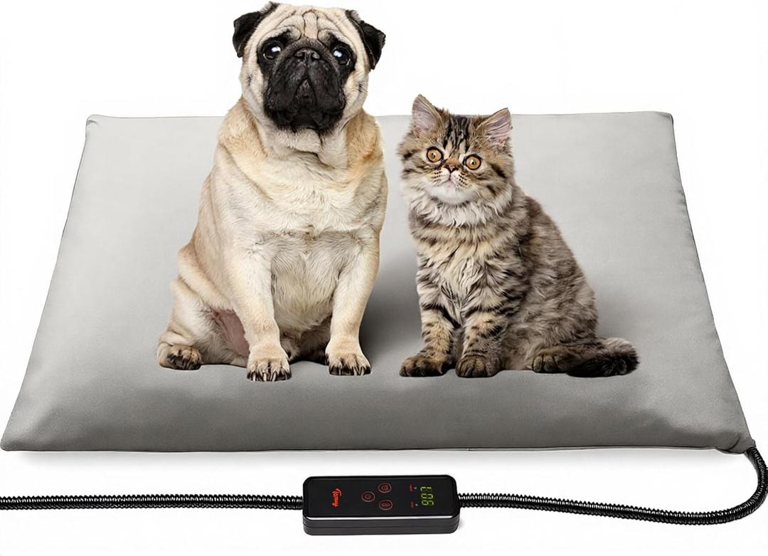 Toozey Medium Pet Heating Pad, 28x20 in, 6 Temp Settings, Timer, Waterproof, Chew-Resistant Cord, for Dogs and Cats (Grey)