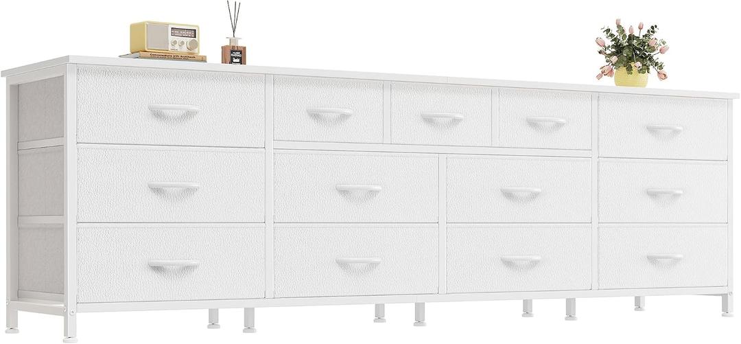 Huuger 70 Inch White Dresser for Bedroom, TV Stand for 65, 75, 80 Inch TV, 13 Fabric Drawer Long Dresser, Wide Chest of Drawer, Storage Units for Bedroom