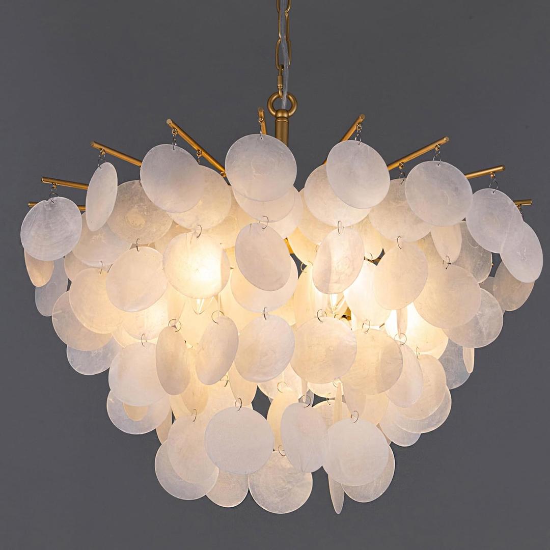 TOCHIC Capiz Shell Chandelier, 6 Light Modern Coastal Light Fixture for Bedroom Gold Chandelier for Dining Room Living Room Nature Seashell Pendant Light Fixture for Kitchen, Foyer, Entryway 22"