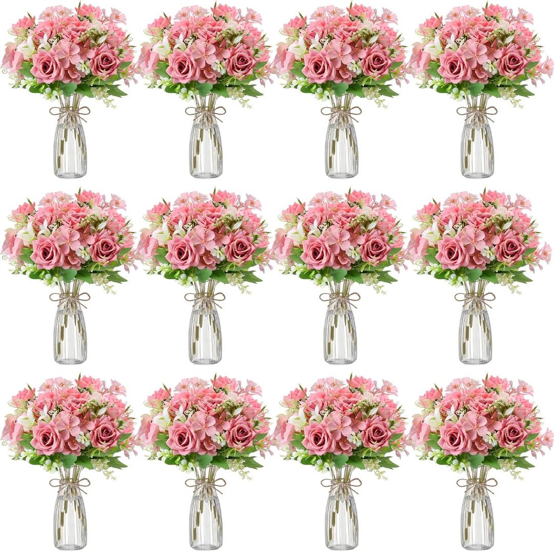 36 Pack Artificial Mini Rose Flowers with Vase Bulk, 24 Bundles Silk Rose Flower Artificial Bouquet 12 Plastic Vase with Rope Table Centerpiece Arrangement Wedding Party Deco(Purple)
