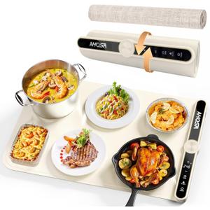 Warming Mat for Food, Fast Heating Electric Food Warmers with 9 Level Temperature and 6 Hours Timer, Large Roll Up Silicone Food Heating Mat, Portable Warming Trays for Buffets Party (Yellow) (24x15 Inch)