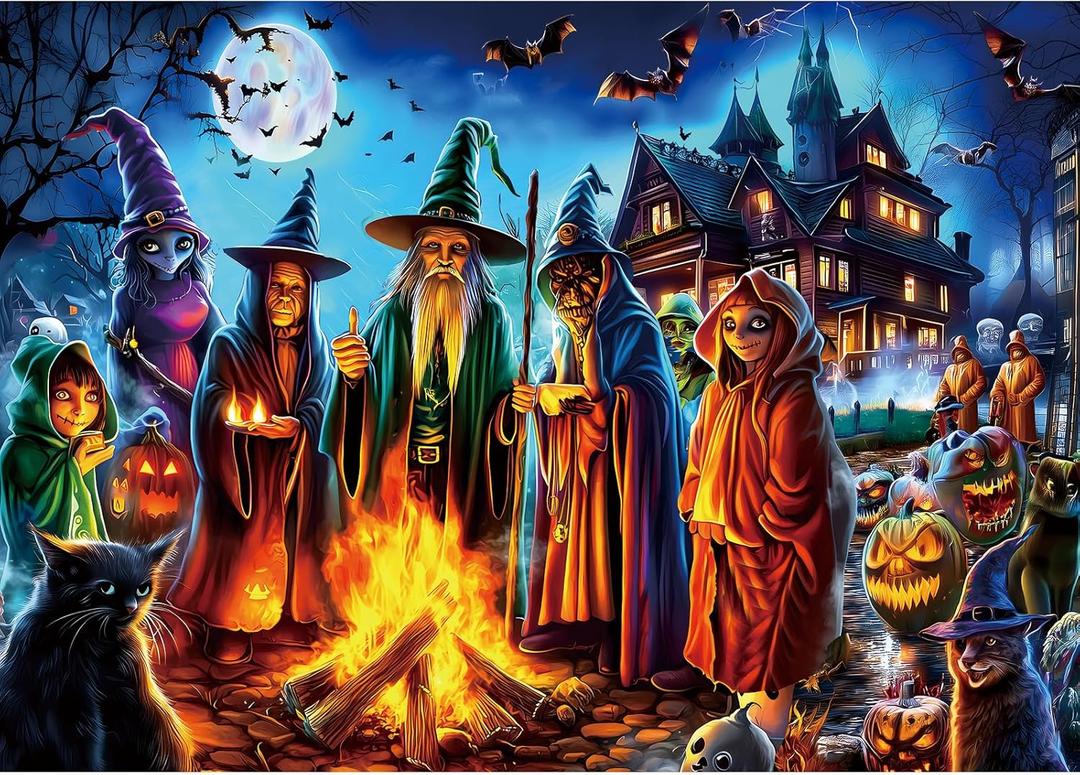 Halloween 1000 Piece Jigsaw Puzzle for Adults Witches' Spooky Bonfire Night Scene with Haunted House Bats Black Cats Pumpkins Scary Horror Ghosts Gothic Challenging Puzzle for Game Night (27.6"x19.7")