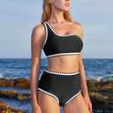 MOOSLOVER Women Whip Stitch Bikini Sets One Shoulder High Waisted 2 Piece Swimsuit Summer Beach Swim Bathing Suits (Black, M)