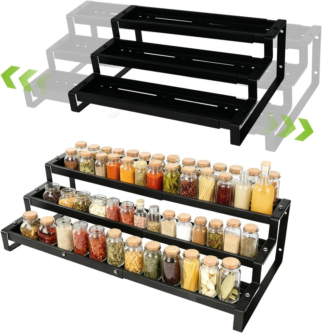 3-Tier Spice Rack Organizer for Cabinet, Expandable Kitchen Organizer 14.4 to 26.1 Inch Seasoning & Pantry Organizer for Countertop, Metal Non-Skid Step Storage Shelf for Condiments, Oils, Cans, Jars