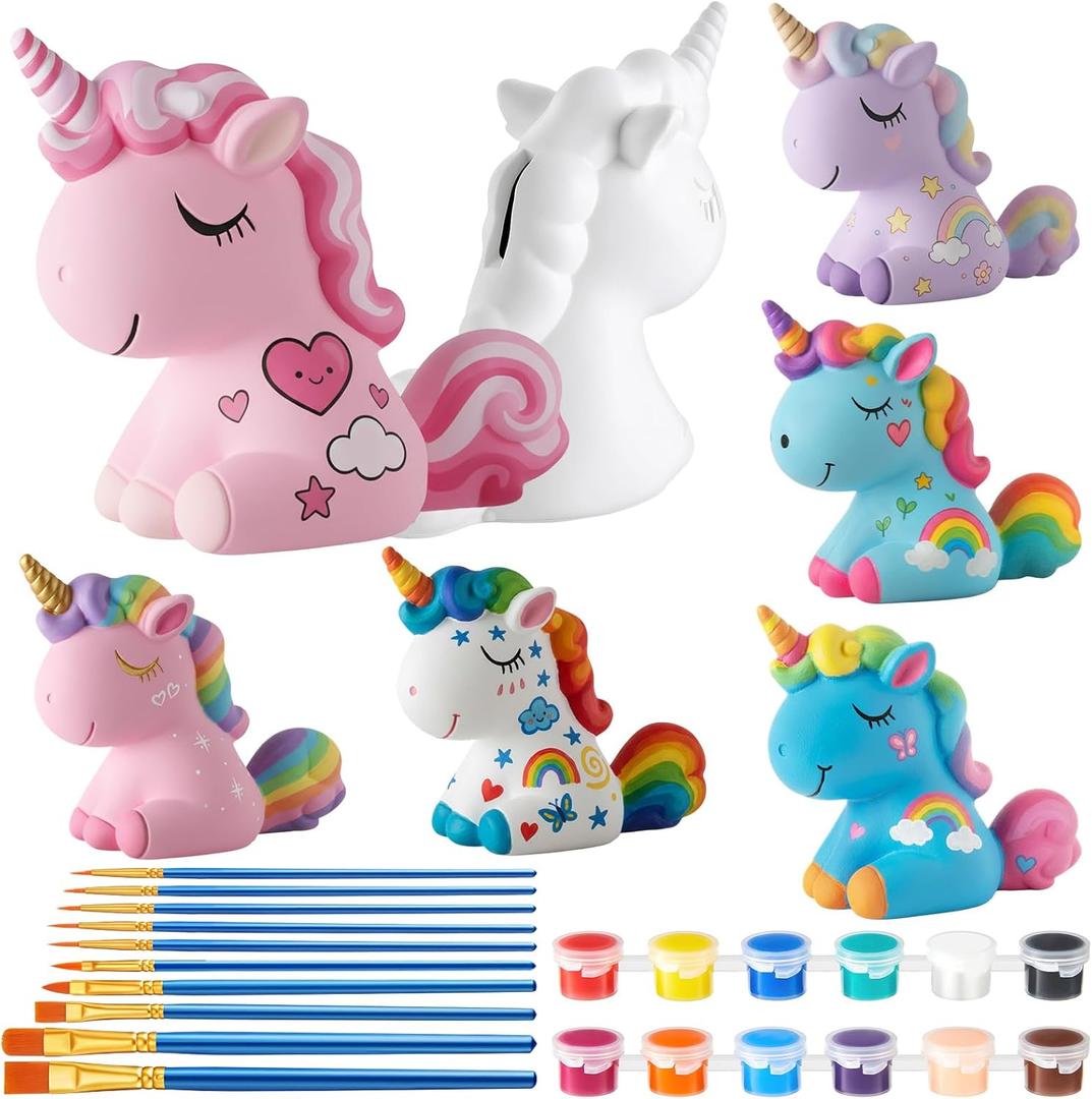 Chunful 6 Sets Unicorn DIY Ceramic Piggy Bank for Kids Painting Kit with 6 Coin Banks 12 Paint Colors 10 Brushes Creative DIY Craft Kit Christmas Birthday Gifts for Boys Girls