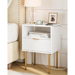 Masupu Nightstand with Charging Station,Mid-Century Modern Bedside Table with Storage Drawer and Open Wood Shelf,Small Gold Frame Side Table for Bedroom,Living Room (White)