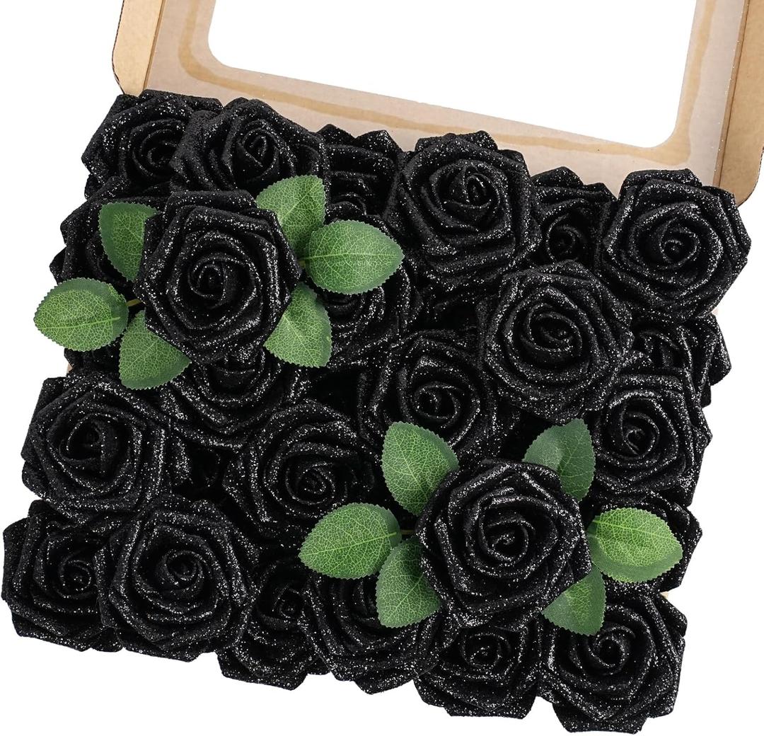 MACTING 30PCS Artificial Flowers Real Touch Foam Roses with Stem Black Fake Glitter Flowers for DIY Wedding Bouquet Table Centerpieces Party Holiday Wreath Home Xmas Christmas Decorations