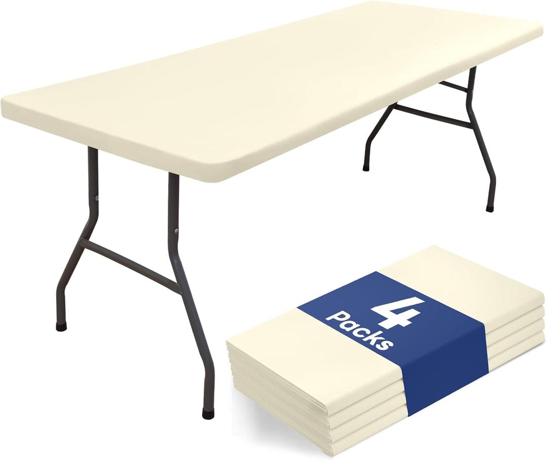 homing 4 Packs Rectangle Table Cloth, Waterproof Polyester Elastic Fitted Tablecloth Fits for 6 Foot Folding Tables, Washable Table Protector for Picnic, Camping, Outdoor, Cream Yellow (30" x 72")