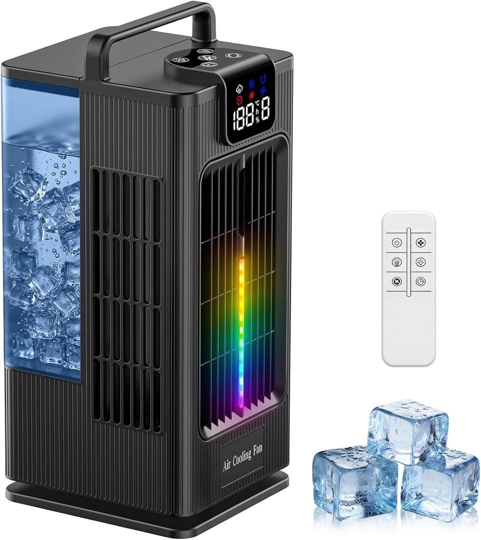 Mini Portable Air Conditioner Cooler: 2000ml Air Cooling Fan with 120°Oscillating - 3 Mist Modes & 4 Speeds, RGB Night Light, 1-8H Timer Remote Control - Portable Small AC for Bedroom, Room, Desk