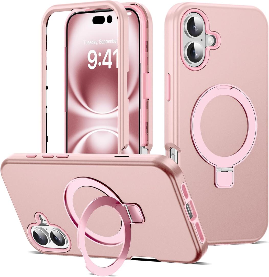 Compatible with iPhone 16 Plus Case 6.7''with Magnetic Ring Stand [Military Drop Protection][Compatible with Mag-Safe] Shockproof 16 Plus Phone Case for Men Wowen,Rose Gold