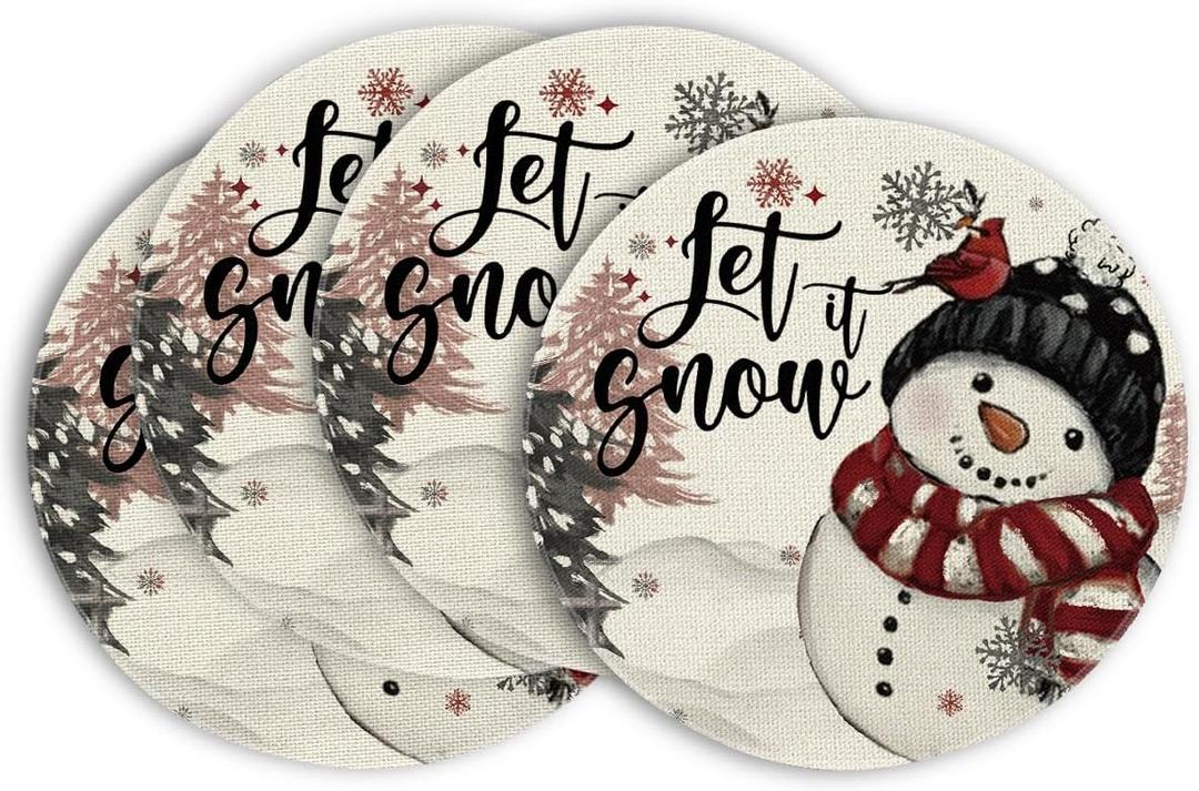 Artoid Mode Xmas Trees Let It Snow Snowman Christmas Round Placemats Set of 4, 14 Inch Winter Round Table Mats for Dining Decoration (Black)
