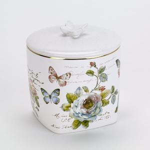 Avanti Linens - Covered Jar, Multipurpose Countertop Organizer, Ceramic Bathroom Decor (Butterfly Garden Collection), White