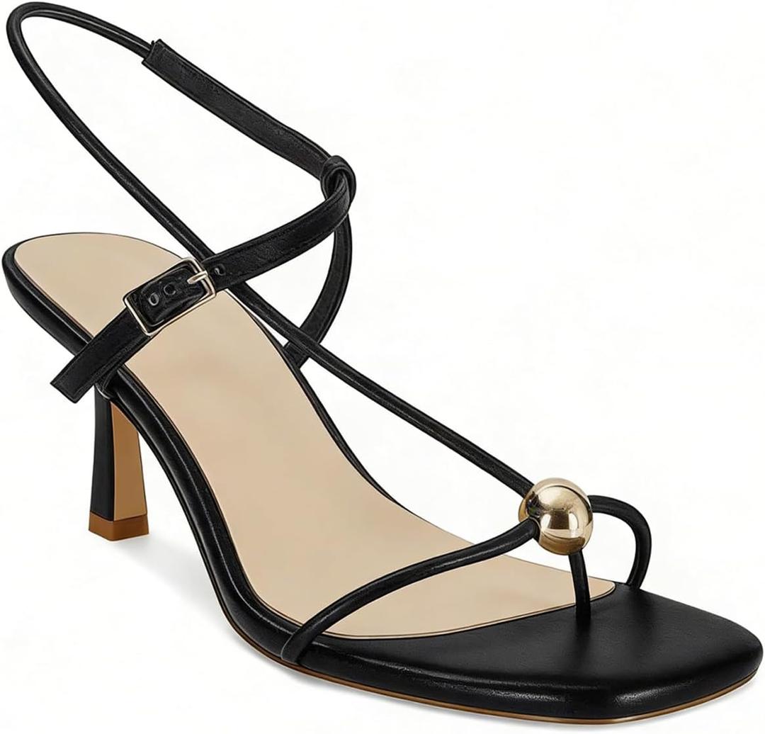 Womens Strappy Kitten Heeled Sandals Square Open Toe Thong Flip Flop Sandals Comfort Summer Dressy Beach Party Shoes (8, Black)