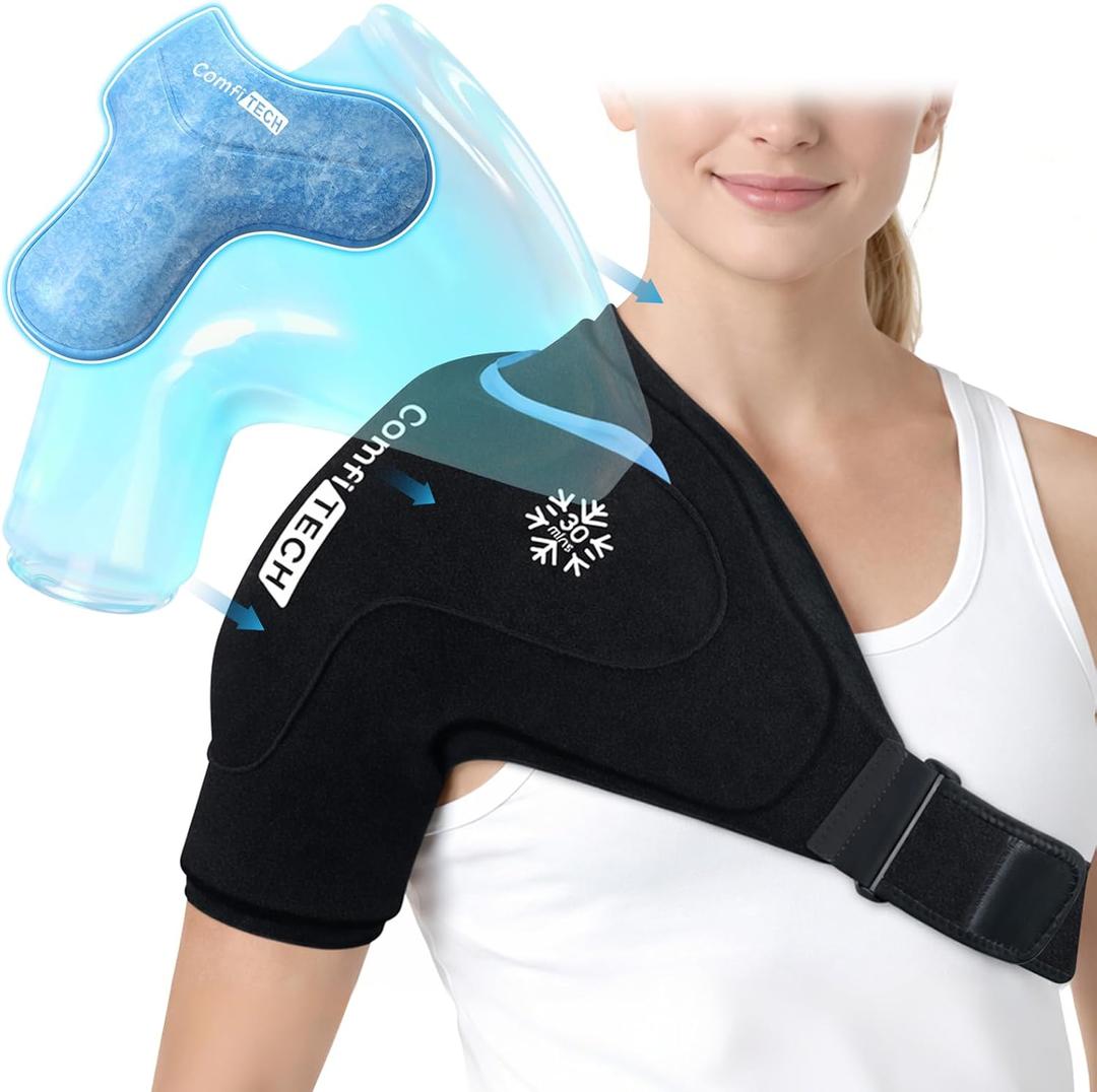 ComfiTECH Dual-Gel Shoulder Ice Pack Wrap with 30-Min Cooling for Muscle Comfort, Adjustable Rotator Cuff Shoulder Brace for Surgery Recovery, Flexible Cold Compression Sleeve for Baseball & Tennis, M