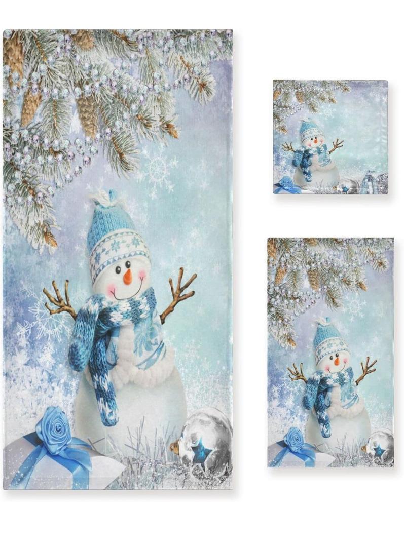 ALAZA Towel Bathroom Sets, Christmas Winter Snowman Towels 3-Piece 1 Bath Towel 1 Washcloth 1 Hand Towel, Snowflakes Snow Bath Towel Set of 3 Soft Multifuntion for Home Kitchen Hotel Gym Swim Spa