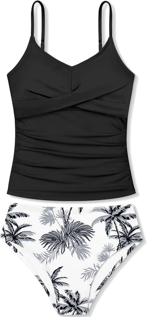 Girls Swimsuit 2 Piece Bathing Suit Criss Cross Ruched Girl Tankini Sets Printed Girls' Swimwear for 9-18 Years (15-16 Years, Black)