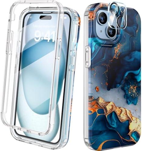 Diaclara Designed for iPhone 15 Plus Case 6.7 Inch, Full Body Rugged Case with Built-in Touch Sensitive Anti-Scratch Screen Protector + Glass Camera Lens Protector for iPhone 15 Plus, Water Blue