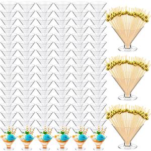 Irenare 250 Pcs 5 oz Plastic Martini Glasses and Cocktail Picks Set Disposable Clear Cocktail Dessert Glasses Unbreakable Mini Cups for Wedding Party Appetizers Food