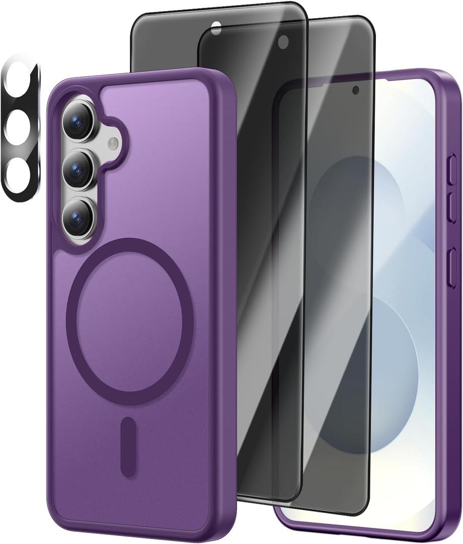 4 in 1, Magnetic for Samsung Galaxy S25 Case, 2 Pics Privacy Screen Protectors and 1 Pic Camera Protector, Fit for MagSafe, Military Grade Shockproof Translucent Matte Galaxy S25 Cover 6.2 , Purple