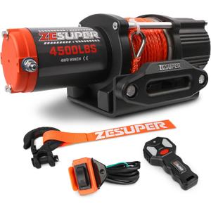 ZESUPER 4500 lb Winch Waterproof IP67 Electric Winch with Wireless Remote Synthetic Winch Rope Hawse Fairlead Handheld Remote ATV UTV Winches 12V Portable Power Winch