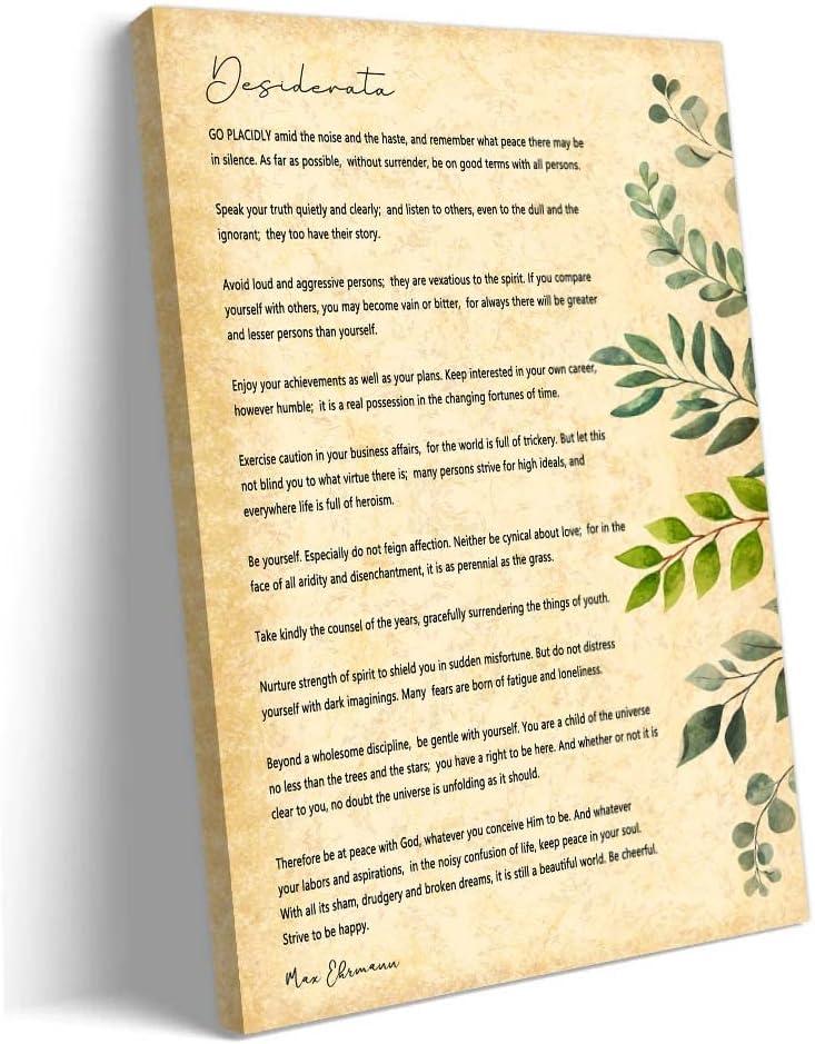 Desiderata Poem Framed Wall Art Motivational Poster Book Quotes Wall Art Retro Canvas Inspirational Picture Decorations Framed (16x24 inch)