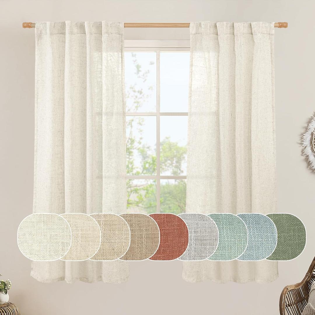 LAMIT Natural Linen Semi Sheer Curtains 63 Inch for Bedroom, Light Filtering Neutral Window Curtains Farmhouse Boho Back Tab and Rod Pocket Panels, Natural Cream Ivory, 2 Panels, 38 x 63 Inch