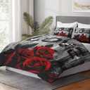 WeCozy Queen Size Comforter Set with 2 Pillowcases, Red Rose Flower 3 Pcs Bedding for Kids and Adults, Summer Vintage Woodboard Soft Comforter Set for Bedroom Bed Decor (Multi 4)